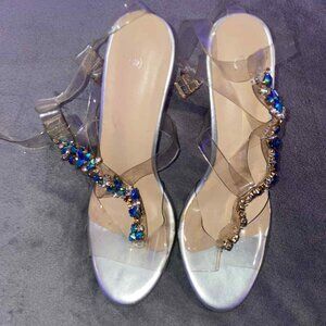 Clear Straps With Blue Rhinestone Heels – Size 6 1/2- 7